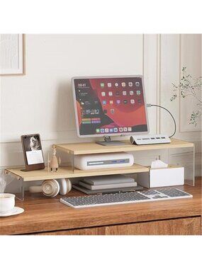 Wood Monitor Stand Riser Dual Screen Desk Organizer Laptop Printer Shelf